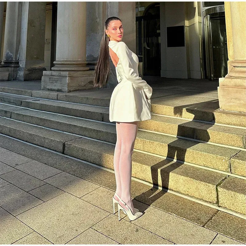 Obsidian Phoenix High-Neck A-Line Mini Dress - Slim Fit with Pockets, Full Sleeves, High-Waist Elegant Design for Highstreet Fashion