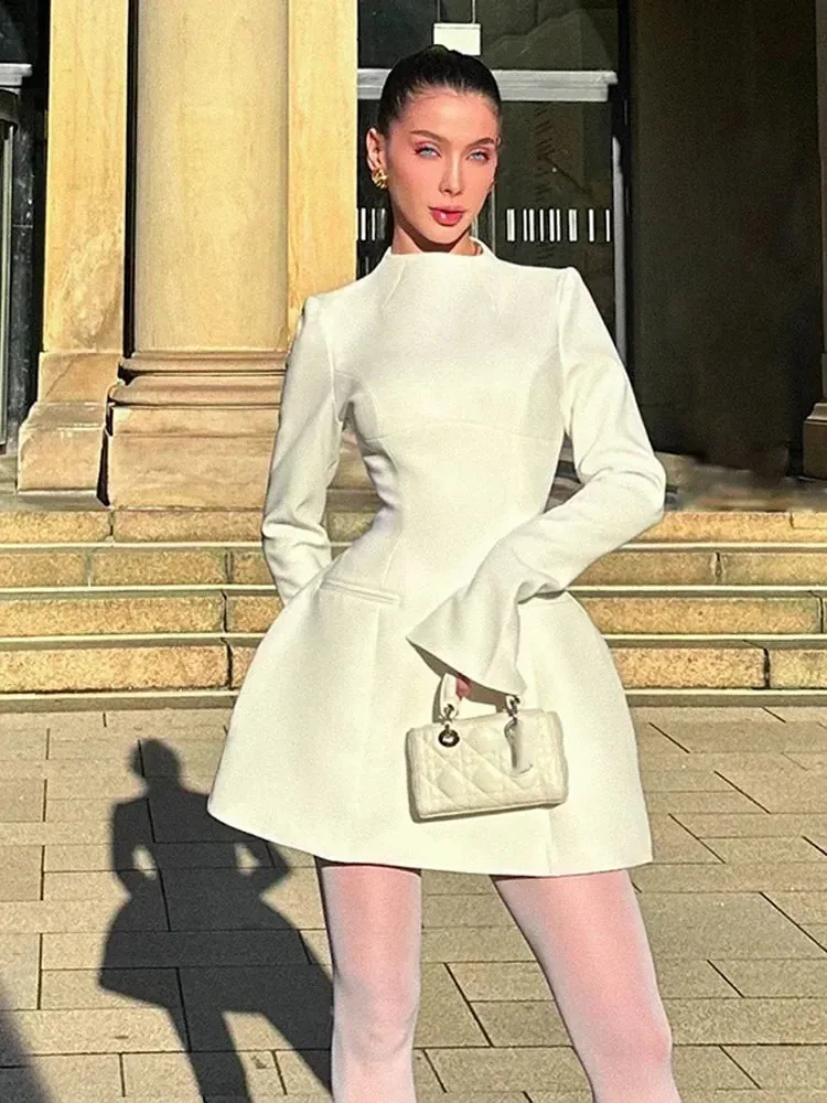 Obsidian Phoenix High-Neck A-Line Mini Dress - Slim Fit with Pockets, Full Sleeves, High-Waist Elegant Design for Highstreet Fashion