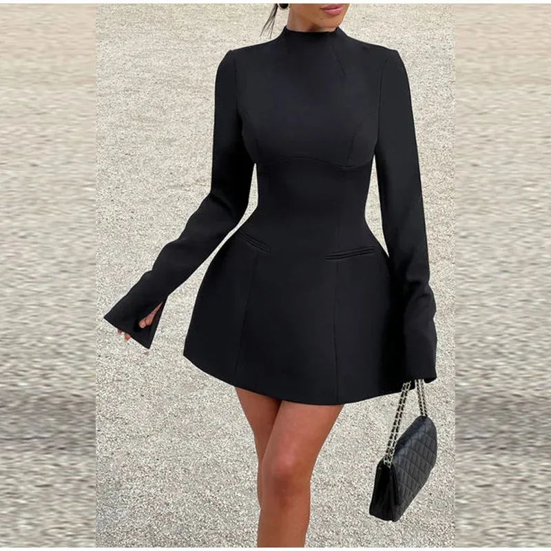Obsidian Phoenix High-Neck A-Line Mini Dress - Slim Fit with Pockets, Full Sleeves, High-Waist Elegant Design for Highstreet Fashion