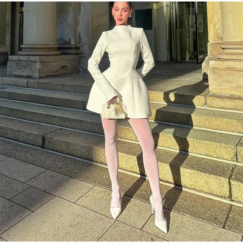 Obsidian Phoenix High-Neck A-Line Mini Dress - Slim Fit with Pockets, Full Sleeves, High-Waist Elegant Design for Highstreet Fashion