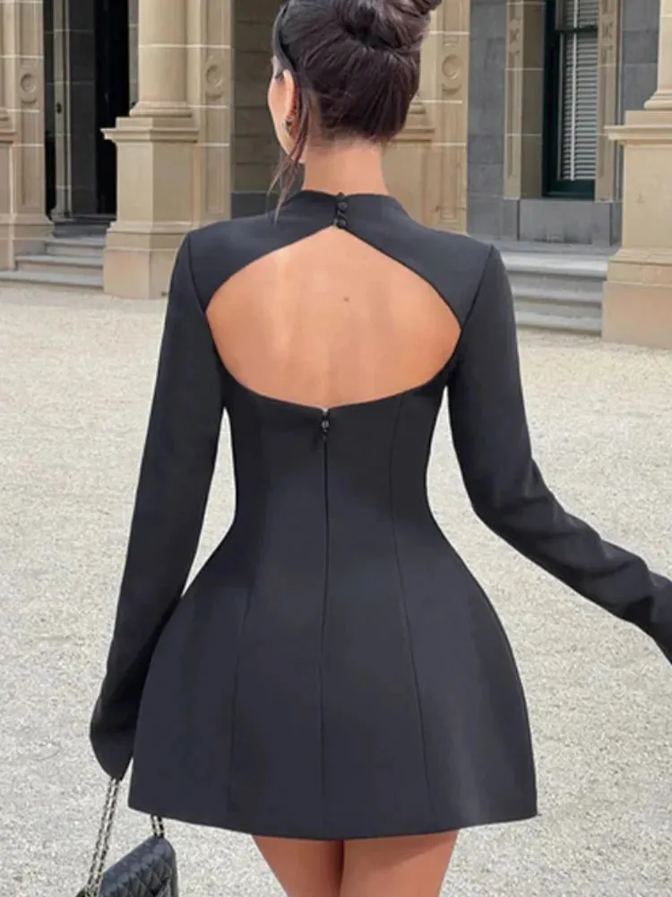 Obsidian Phoenix High-Neck A-Line Mini Dress - Slim Fit with Pockets, Full Sleeves, High-Waist Elegant Design for Highstreet Fashion