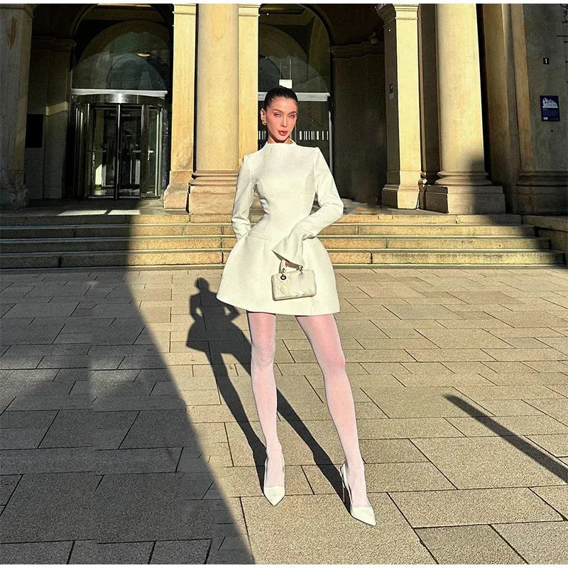 Obsidian Phoenix High-Neck A-Line Mini Dress - Slim Fit with Pockets, Full Sleeves, High-Waist Elegant Design for Highstreet Fashion