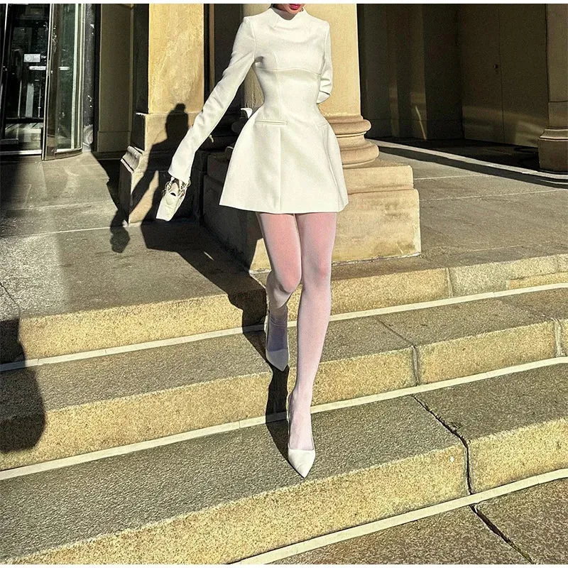 Obsidian Phoenix High-Neck A-Line Mini Dress - Slim Fit with Pockets, Full Sleeves, High-Waist Elegant Design for Highstreet Fashion