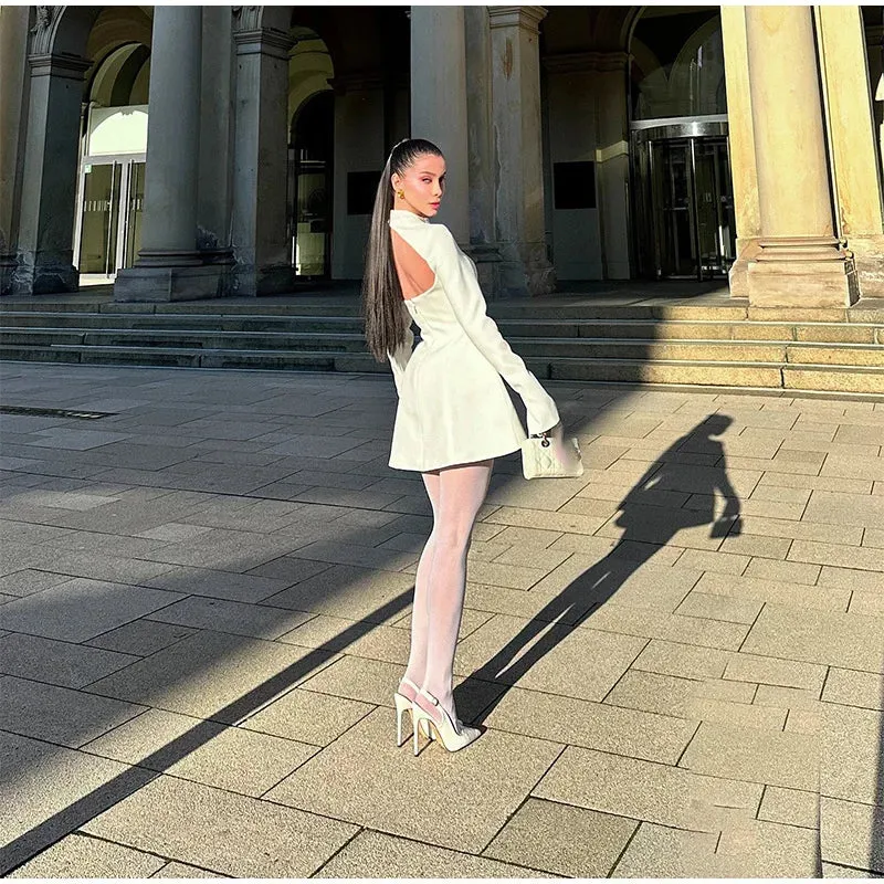 Obsidian Phoenix High-Neck A-Line Mini Dress - Slim Fit with Pockets, Full Sleeves, High-Waist Elegant Design for Highstreet Fashion