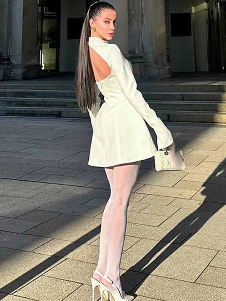 Obsidian Phoenix High-Neck A-Line Mini Dress - Slim Fit with Pockets, Full Sleeves, High-Waist Elegant Design for Highstreet Fashion