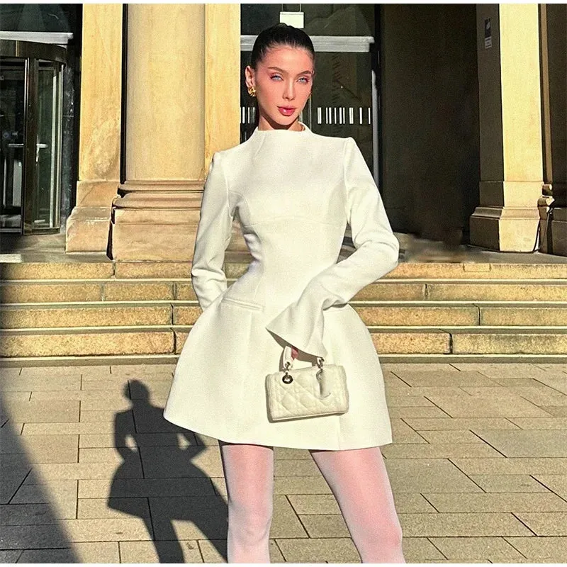 Obsidian Phoenix High-Neck A-Line Mini Dress - Slim Fit with Pockets, Full Sleeves, High-Waist Elegant Design for Highstreet Fashion