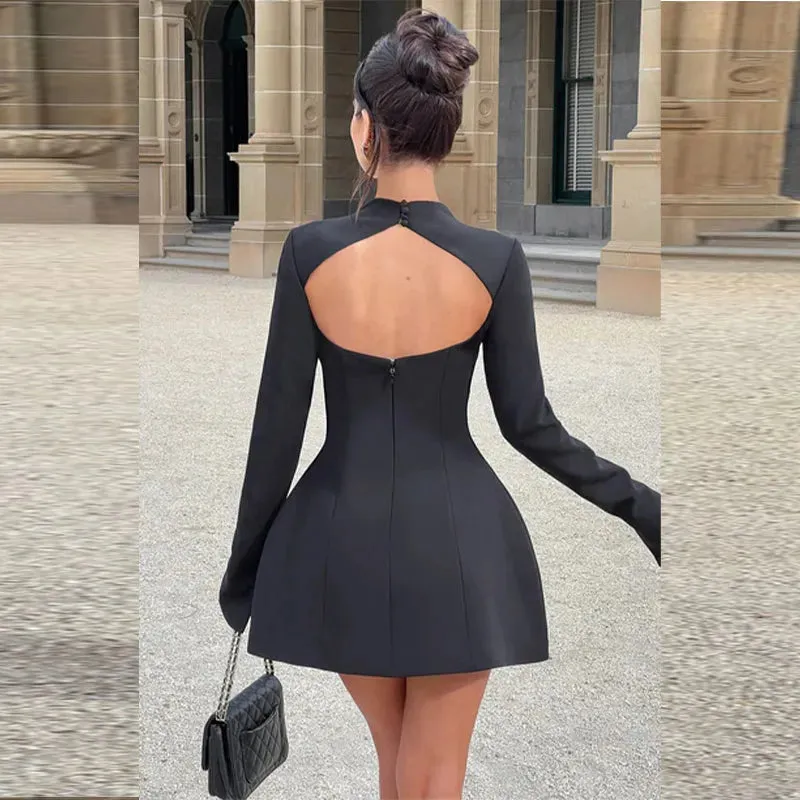 Obsidian Phoenix High-Neck A-Line Mini Dress - Slim Fit with Pockets, Full Sleeves, High-Waist Elegant Design for Highstreet Fashion