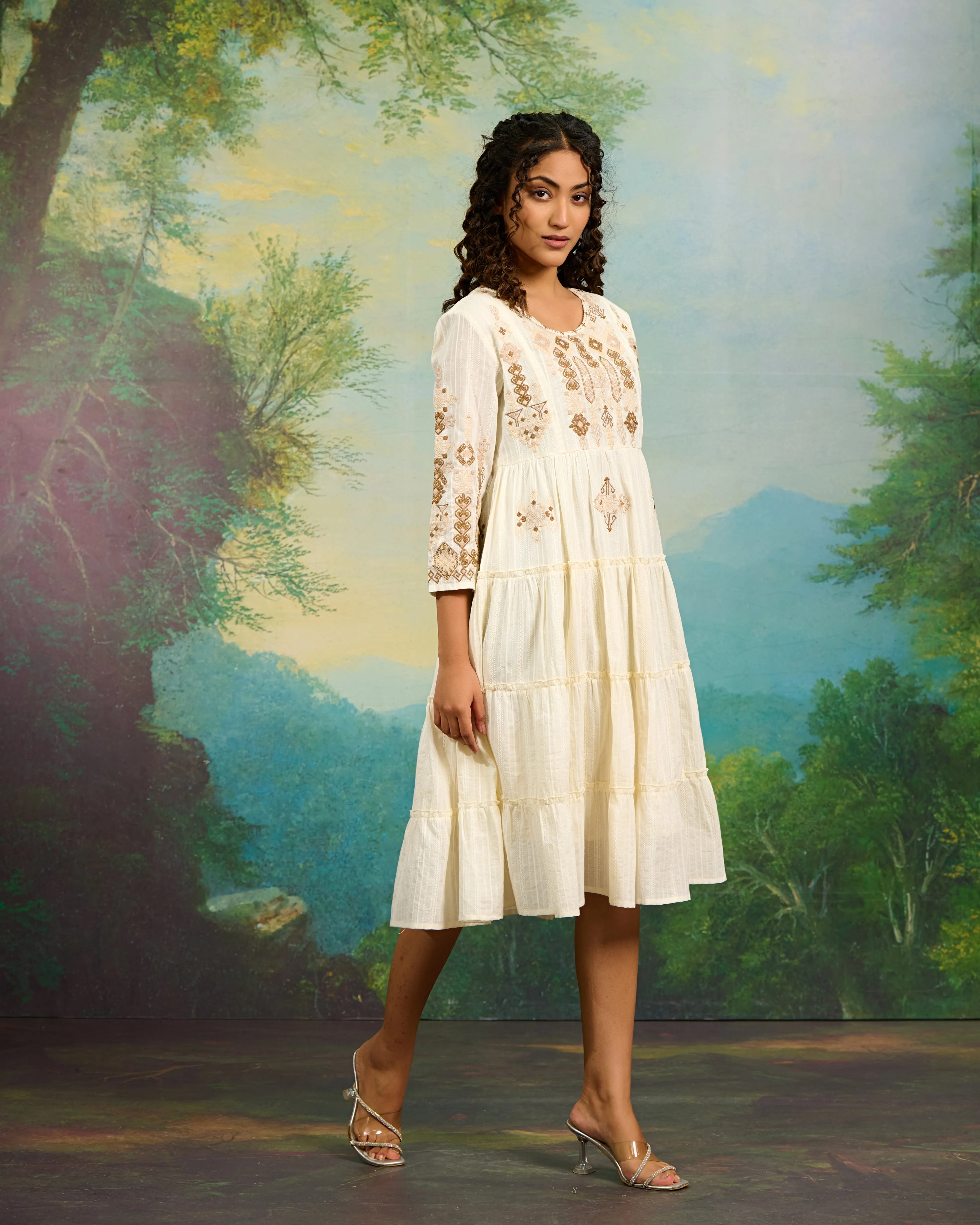 Off White Embroidery Work Midi Dress