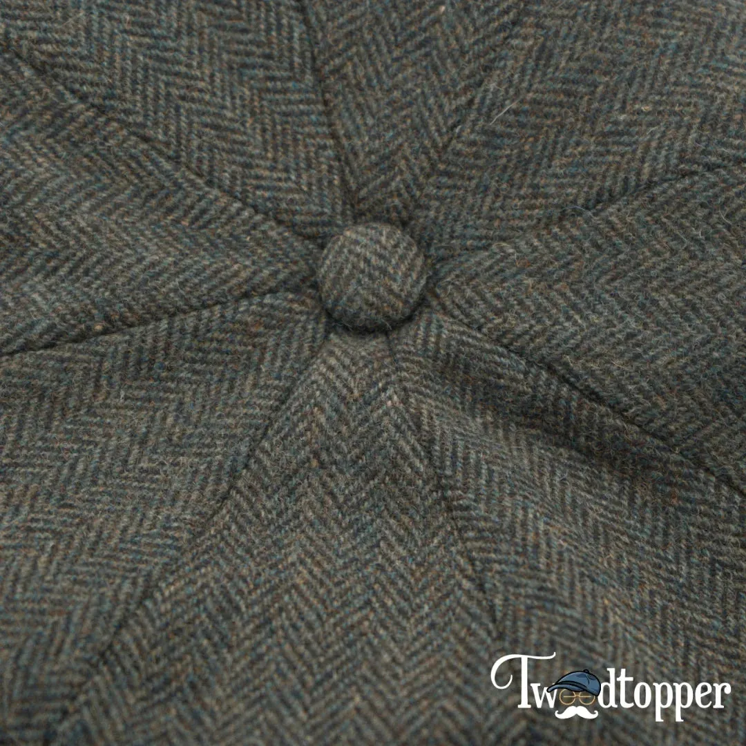 Olive Green Herringbone 100% Wool Newsboy Golfing Flat Cap