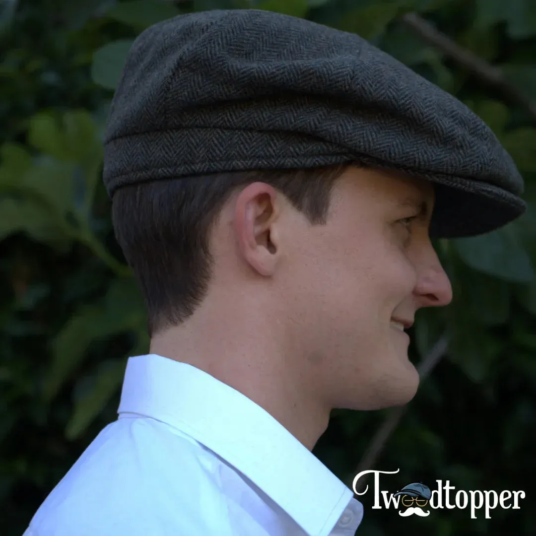 Olive Green Herringbone 100% Wool Newsboy Golfing Flat Cap
