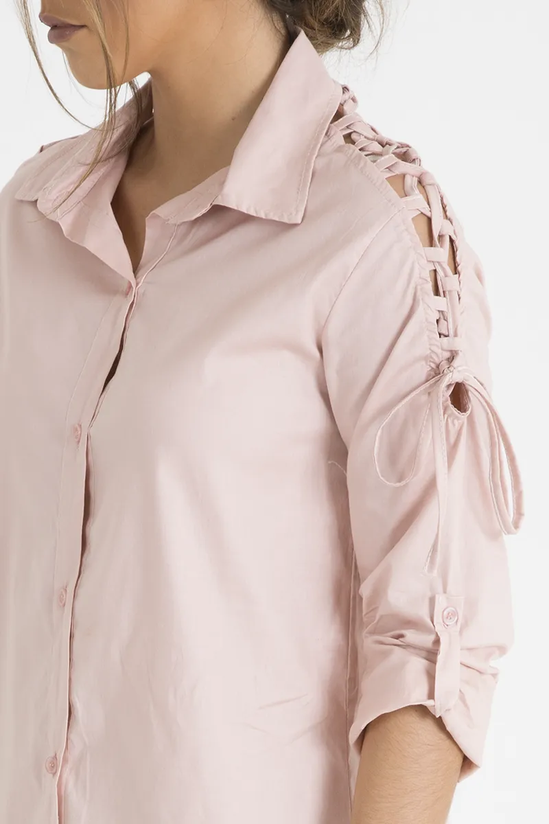 Pink Tied Shoulder Oversized Shirt Dress -  Helen
