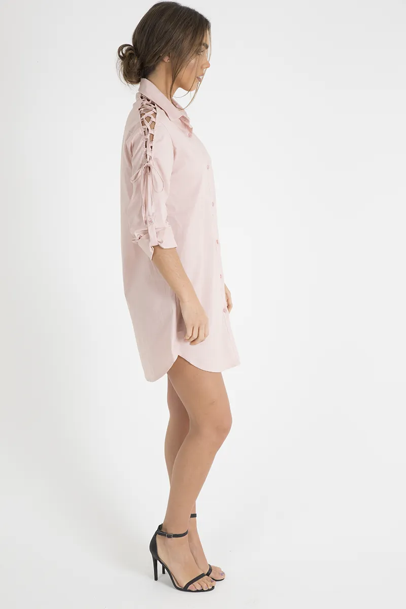 Pink Tied Shoulder Oversized Shirt Dress -  Helen