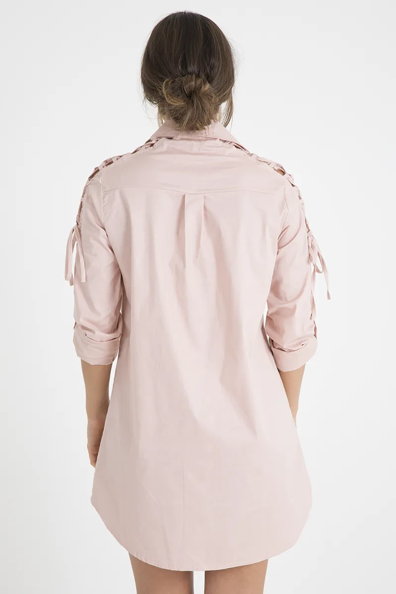 Pink Tied Shoulder Oversized Shirt Dress -  Helen