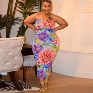 Plus Size Floral Tube Dress - Slim Fit, Polyester/Fiber Blend