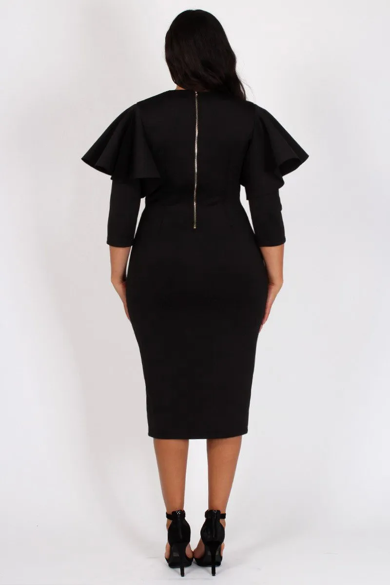 Plus Size Ruffled Sleeves Bodycon Midi Dress