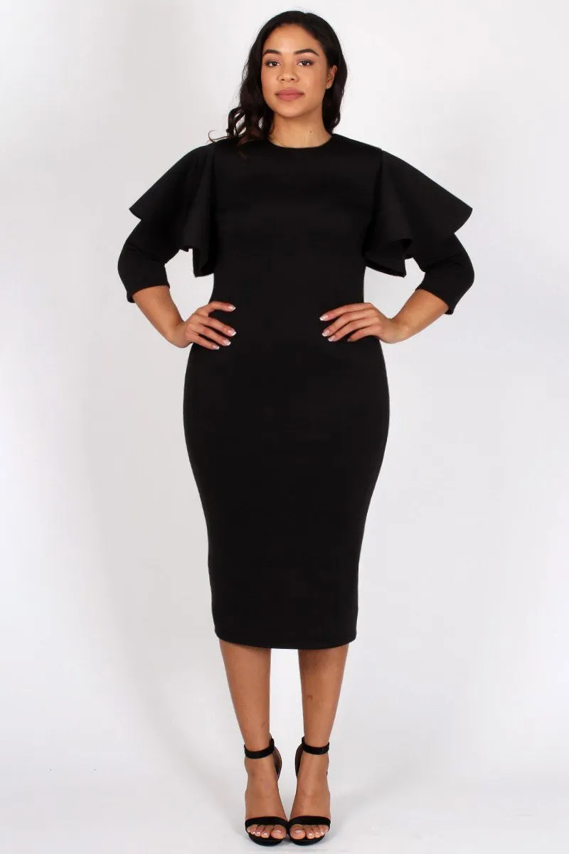 Plus Size Ruffled Sleeves Bodycon Midi Dress