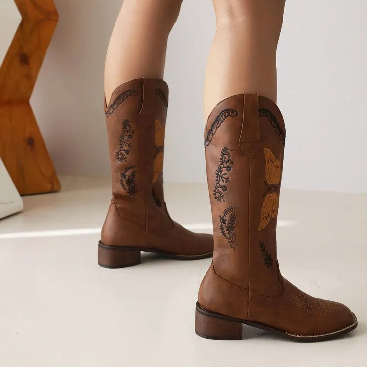 Pointed Toe Knee-High Boots Chunky Wedges Women Boots