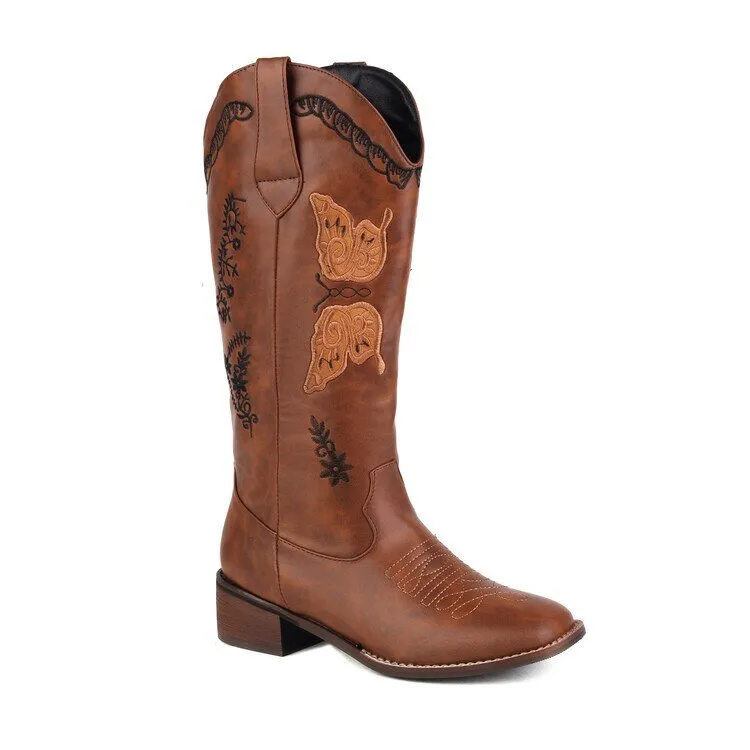 Pointed Toe Knee-High Boots Chunky Wedges Women Boots