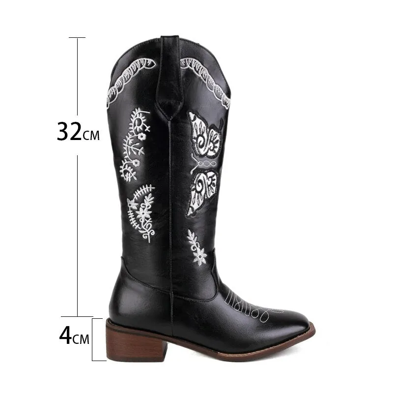 Pointed Toe Knee-High Boots Chunky Wedges Women Boots