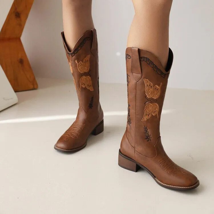 Pointed Toe Knee-High Boots Chunky Wedges Women Boots