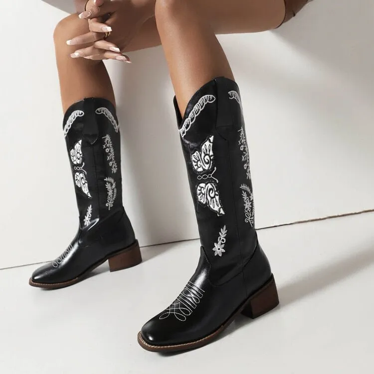 Pointed Toe Knee-High Boots Chunky Wedges Women Boots