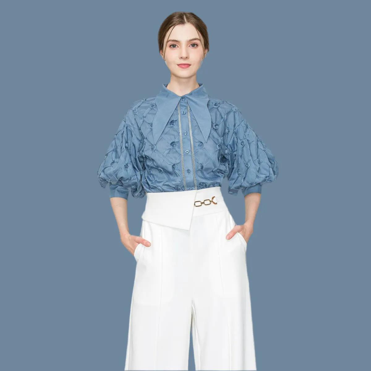 Puff Sleeve Pointed Collar Shirt