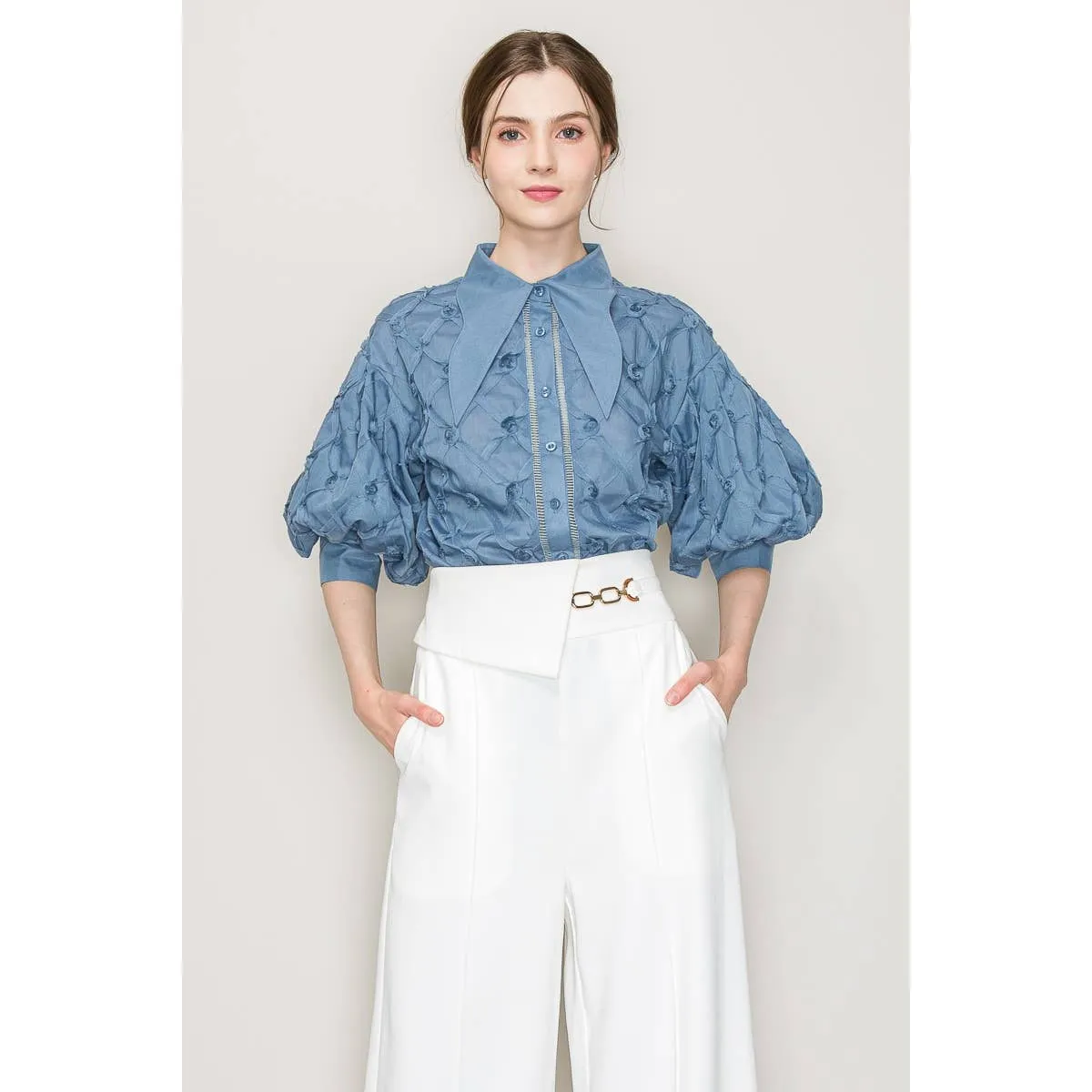 Puff Sleeve Pointed Collar Shirt