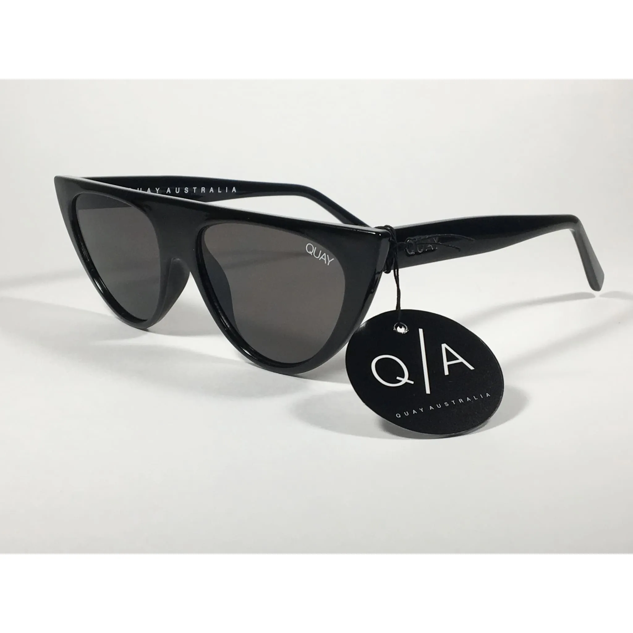 Quay Australia QW000296 BLK/SMK Run Away Flat Top Cat Eye Sunglasses Black Gloss Frame Gray Smoke Lenses