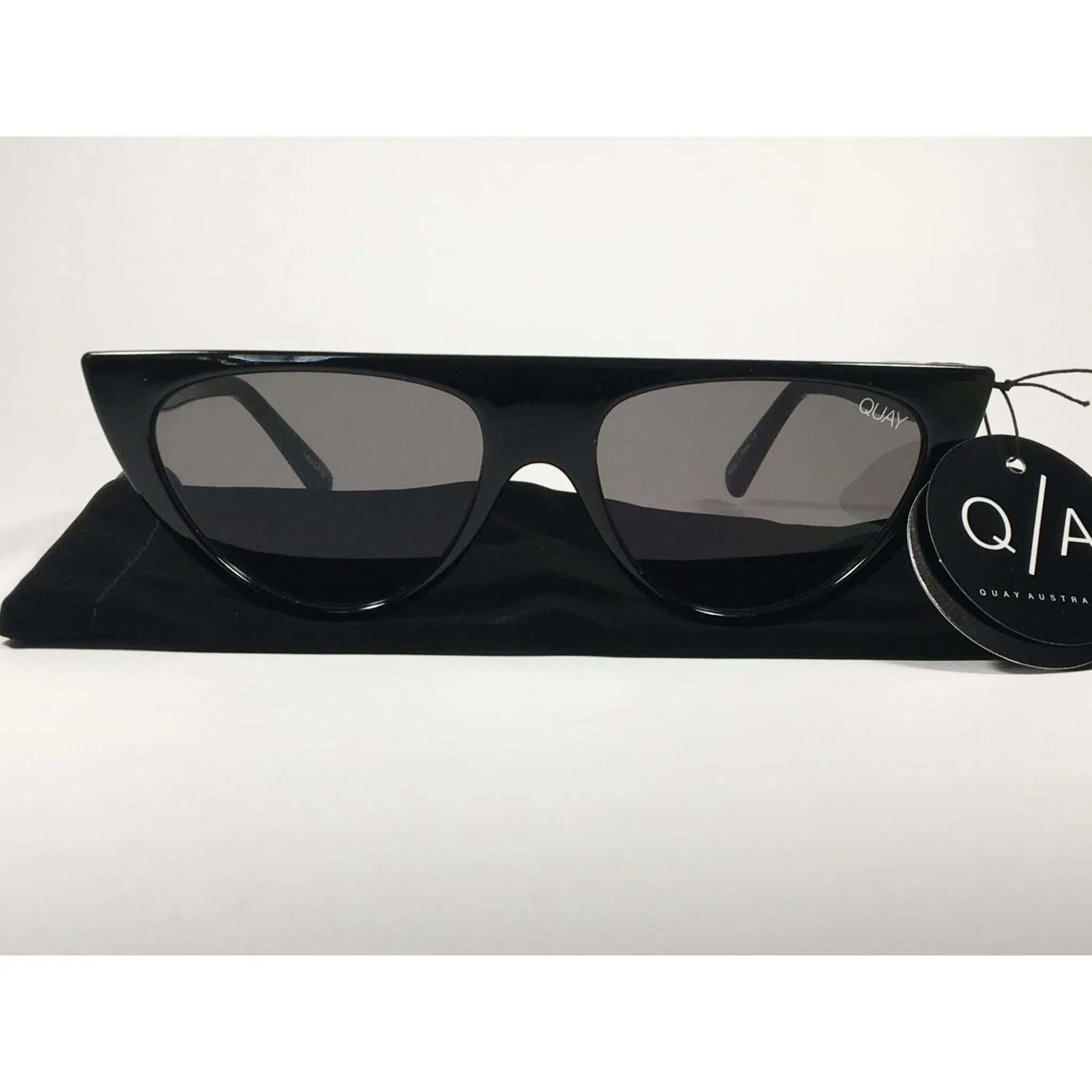 Quay Australia QW000296 BLK/SMK Run Away Flat Top Cat Eye Sunglasses Black Gloss Frame Gray Smoke Lenses