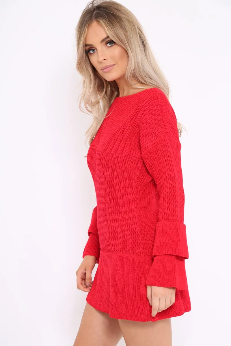 Red Bell Sleeve Extreme Hem Chunky Knit Jumper Dress - Paige
