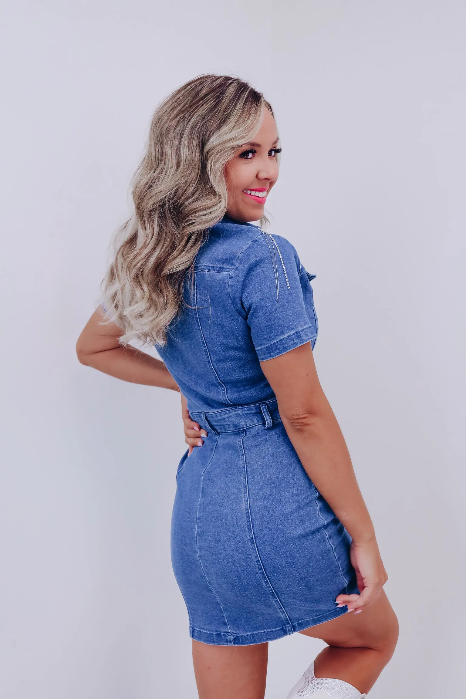 Roselle Rhinestone Fringe Denim Dress -Medium Denim