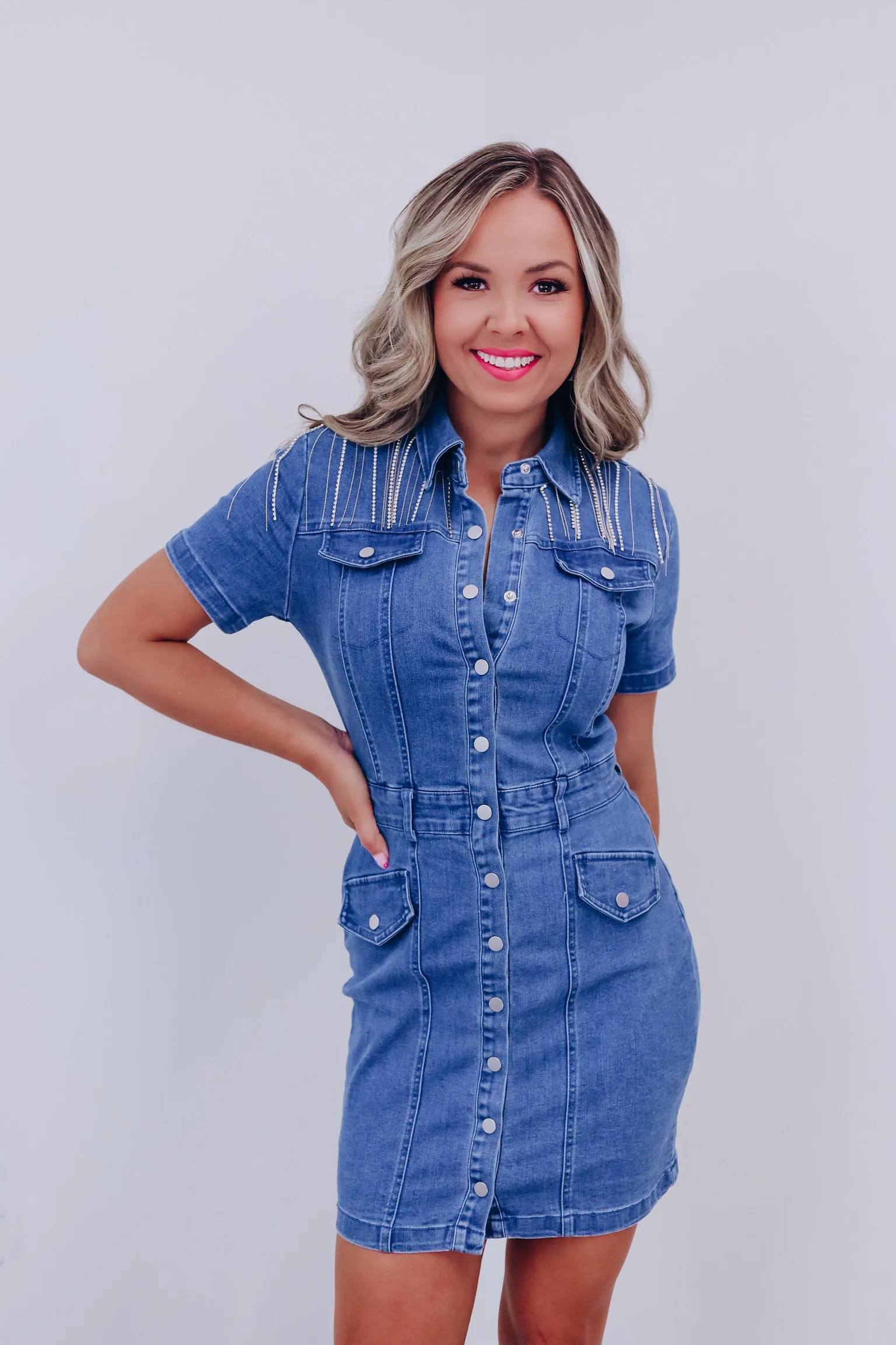 Roselle Rhinestone Fringe Denim Dress -Medium Denim