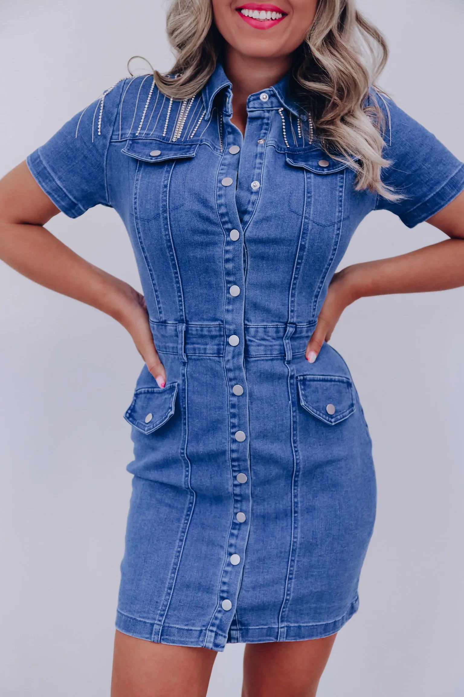 Roselle Rhinestone Fringe Denim Dress -Medium Denim