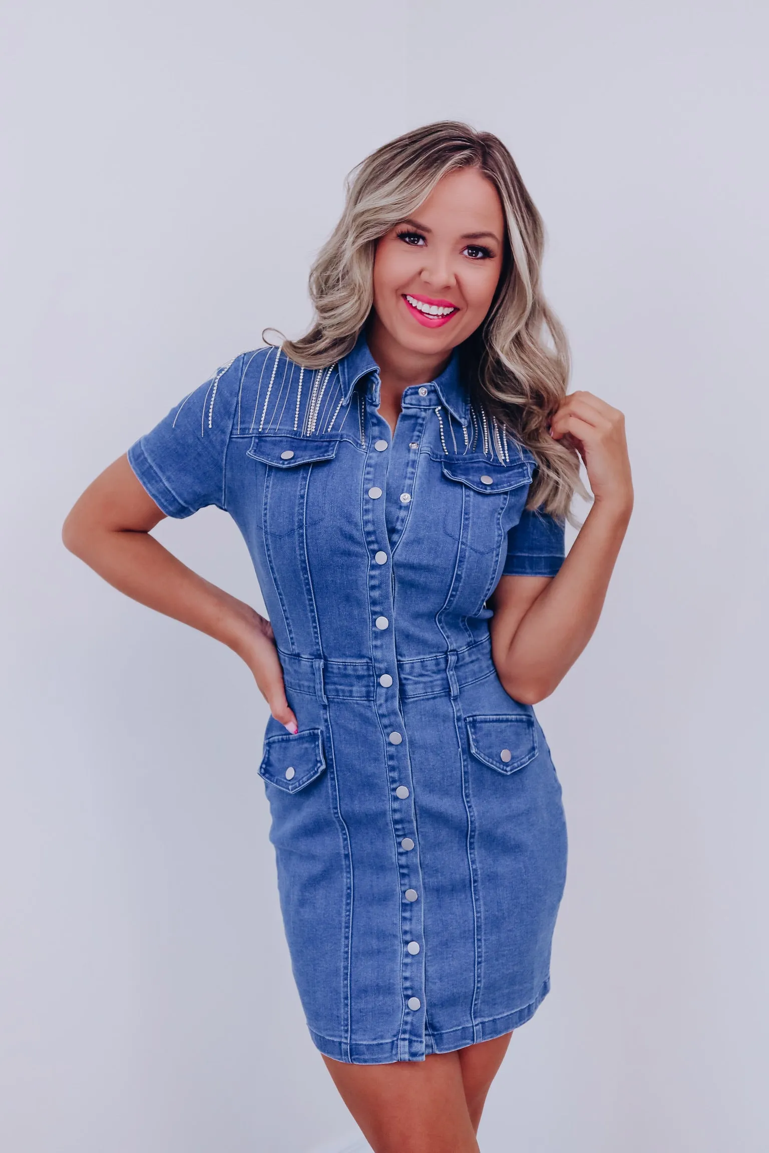 Roselle Rhinestone Fringe Denim Dress -Medium Denim
