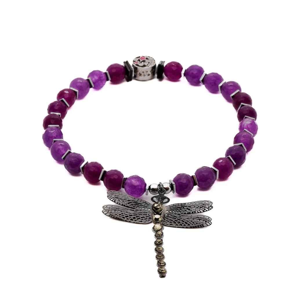 Silver Dragonfly Purple Beaded Ankle Bracelet