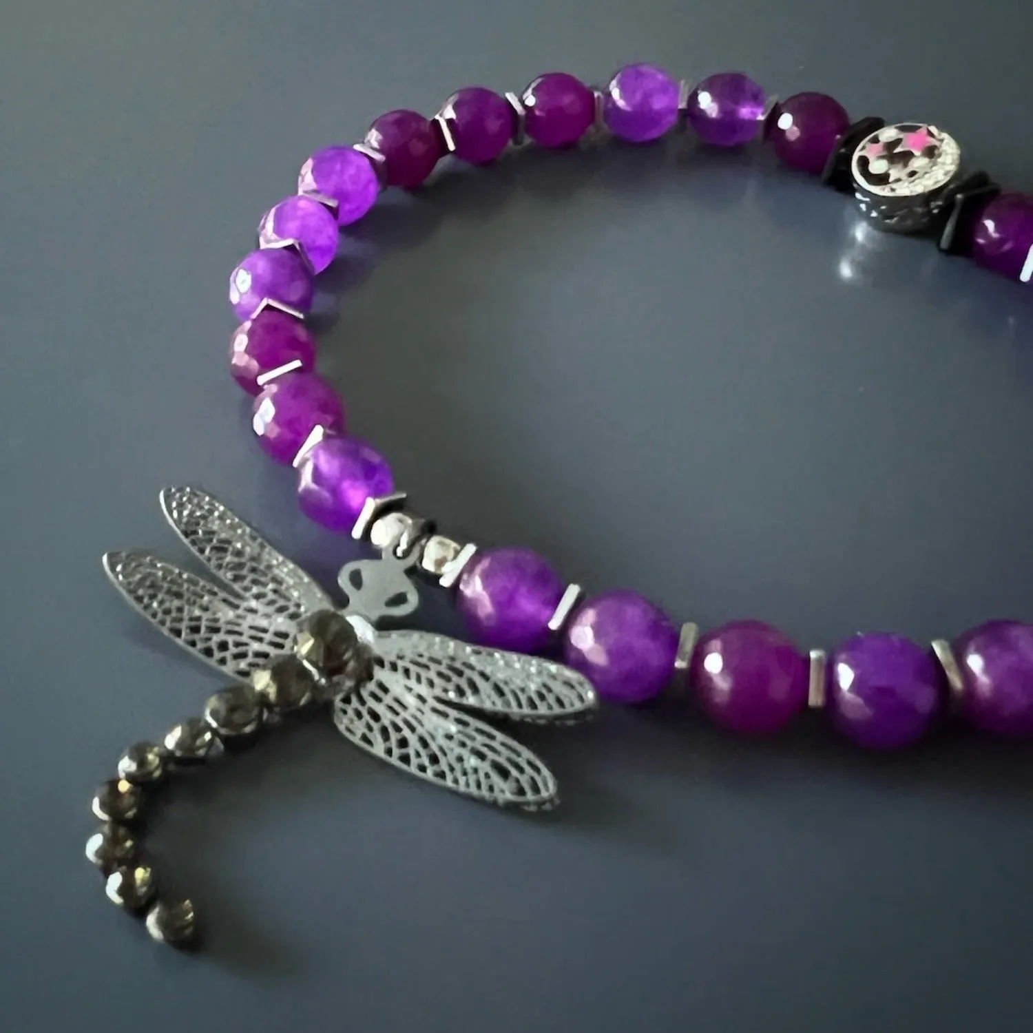 Silver Dragonfly Purple Beaded Ankle Bracelet
