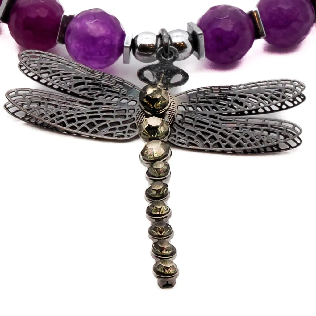 Silver Dragonfly Purple Beaded Ankle Bracelet