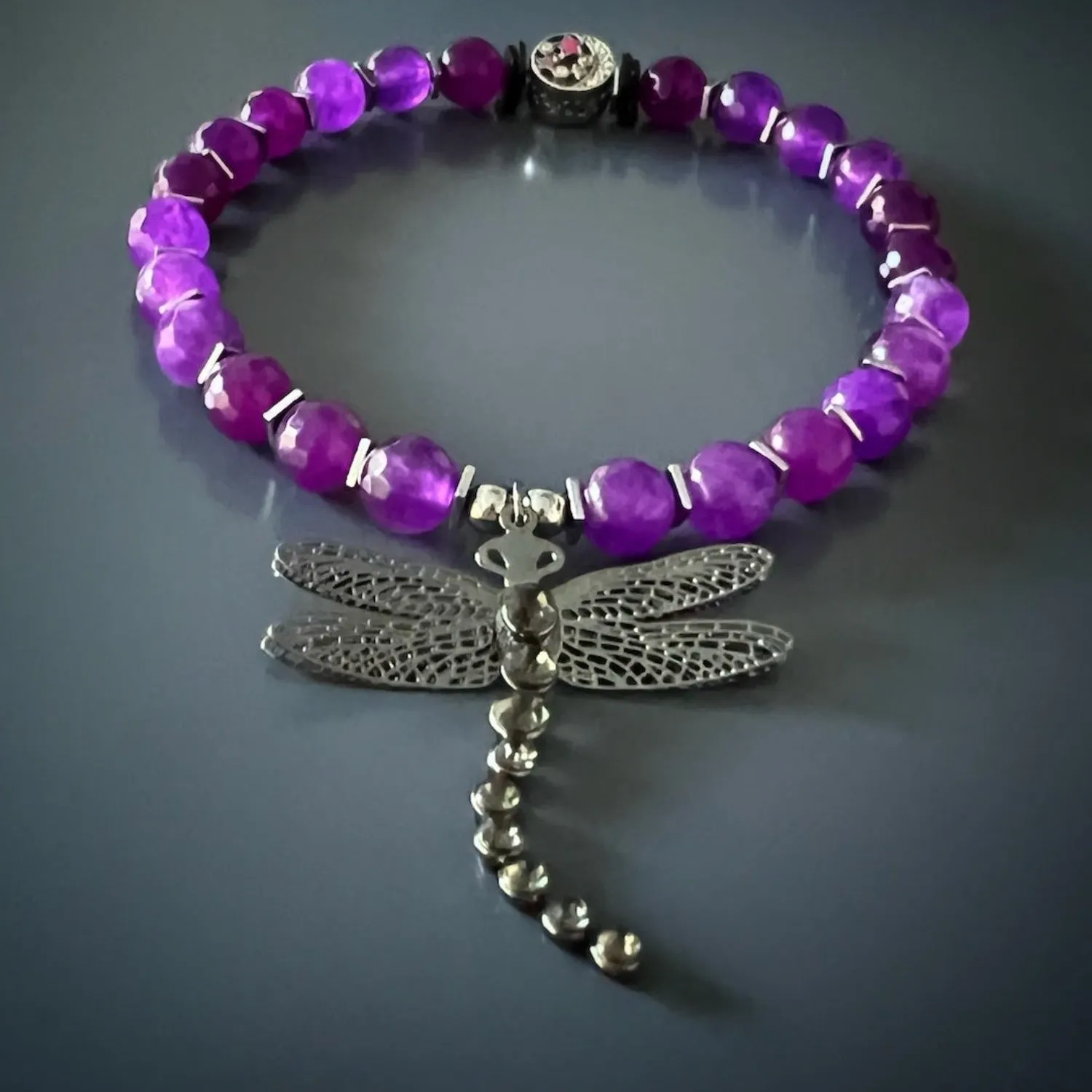 Silver Dragonfly Purple Beaded Ankle Bracelet