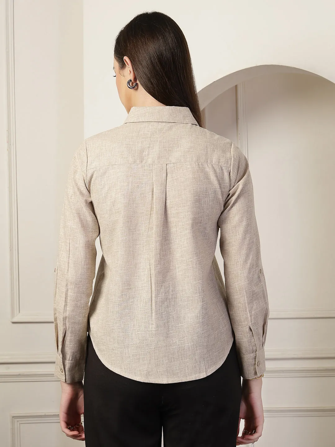 Style Quotient Women Beige Self Design Linen Regular Fit Formal Shirt
