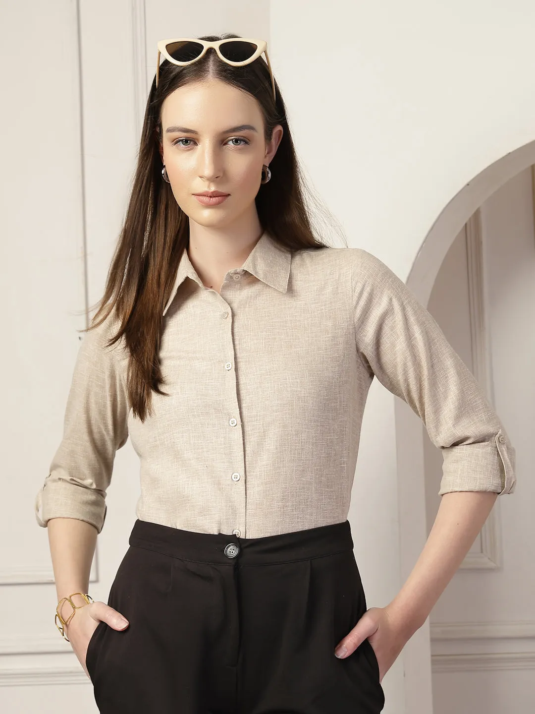 Style Quotient Women Beige Self Design Linen Regular Fit Formal Shirt