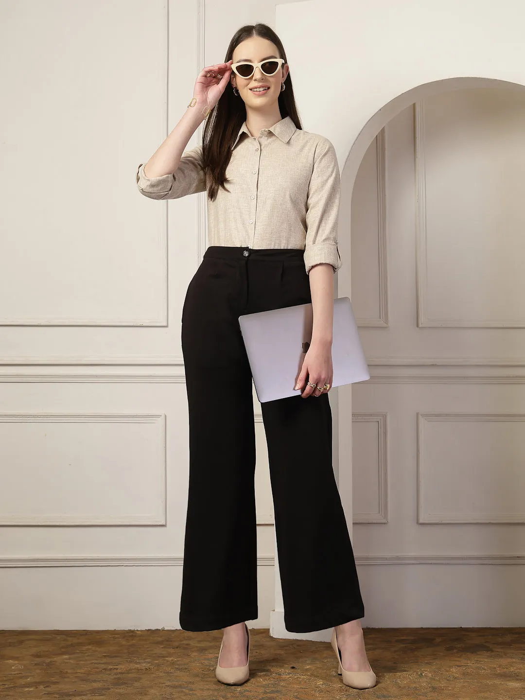 Style Quotient Women Beige Self Design Linen Regular Fit Formal Shirt