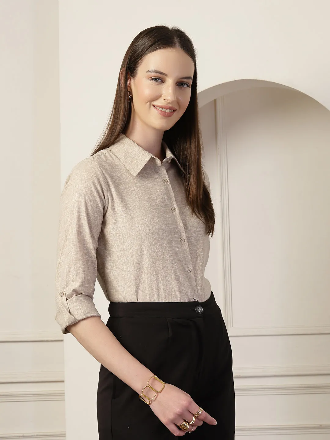 Style Quotient Women Beige Self Design Linen Regular Fit Formal Shirt