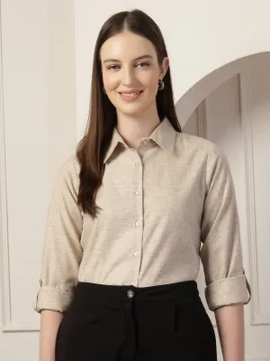 Style Quotient Women Beige Self Design Linen Regular Fit Formal Shirt