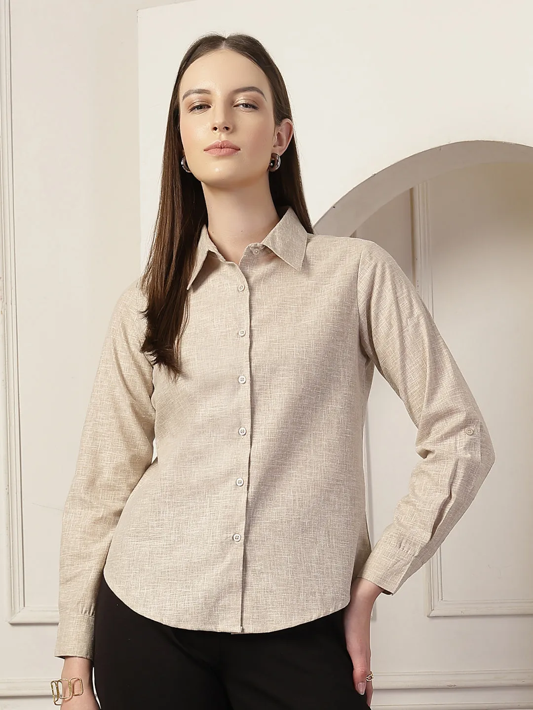 Style Quotient Women Beige Self Design Linen Regular Fit Formal Shirt