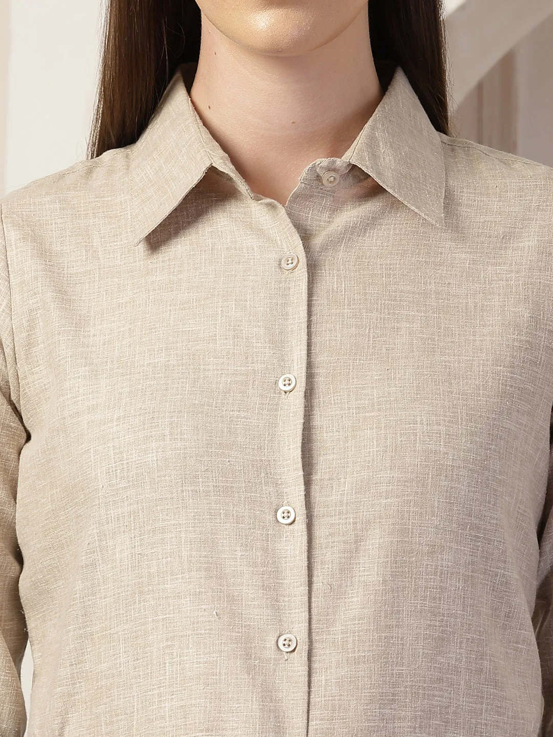 Style Quotient Women Beige Self Design Linen Regular Fit Formal Shirt