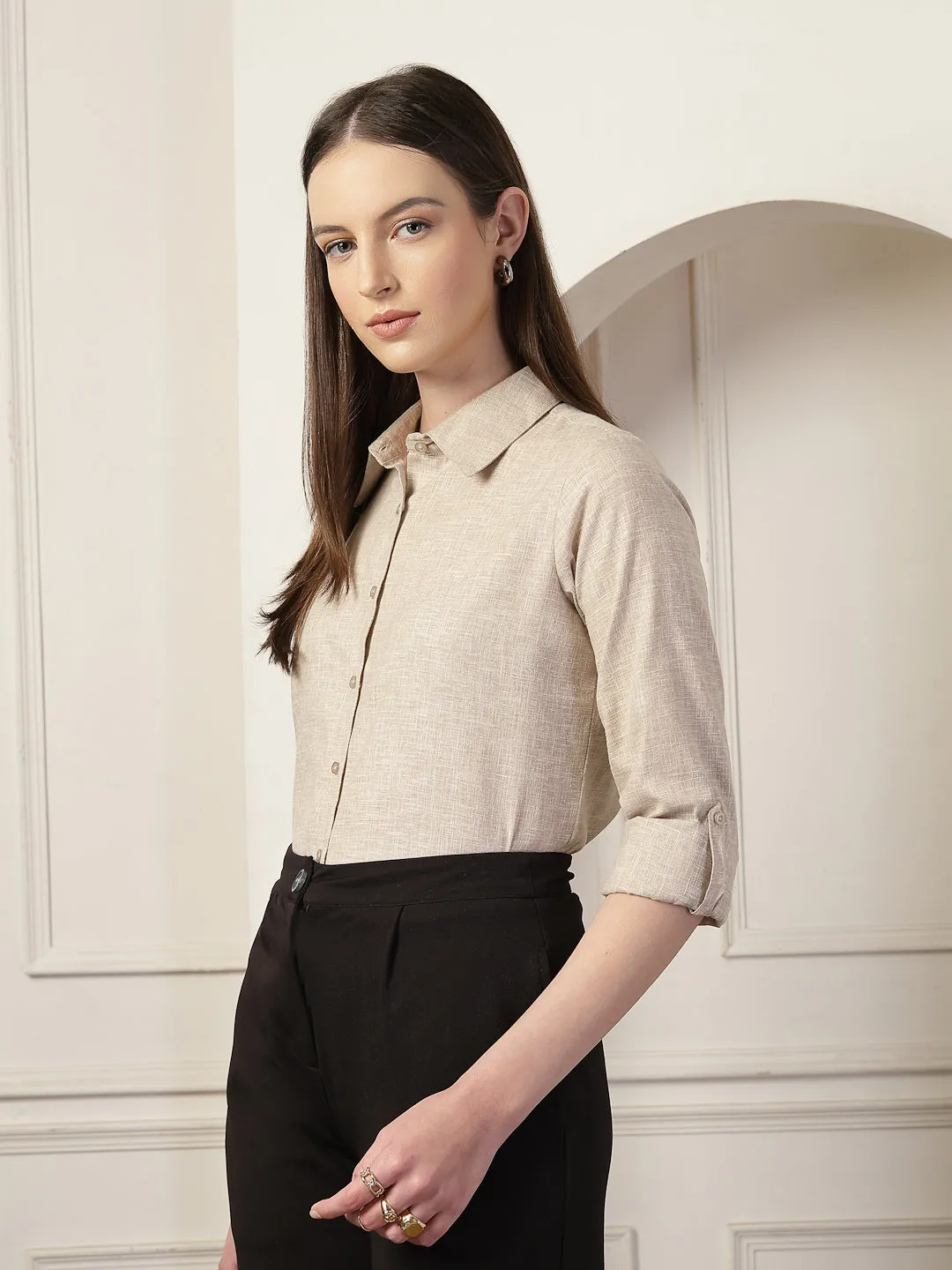 Style Quotient Women Beige Self Design Linen Regular Fit Formal Shirt