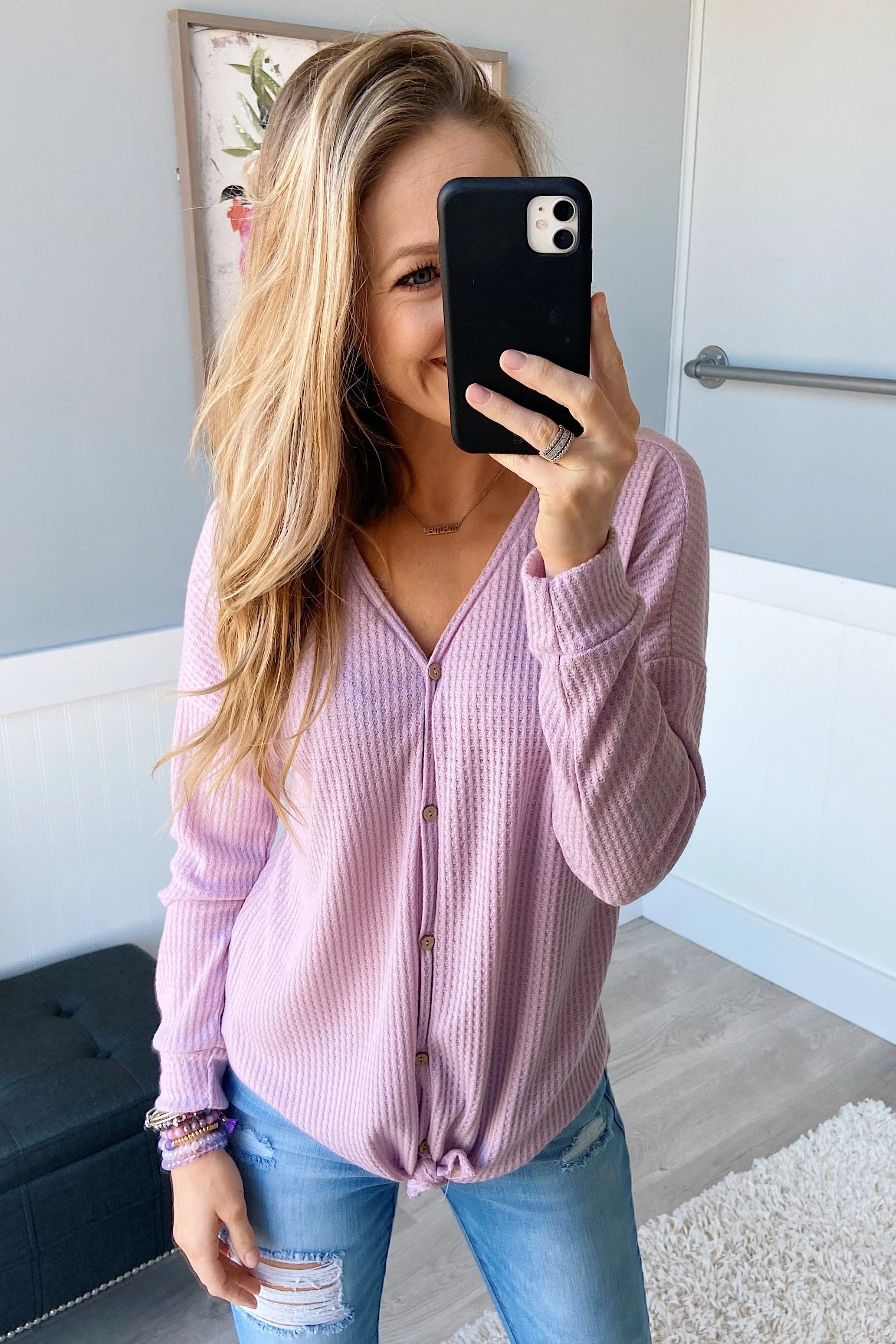 Thermal Button Knot Top- Lilac