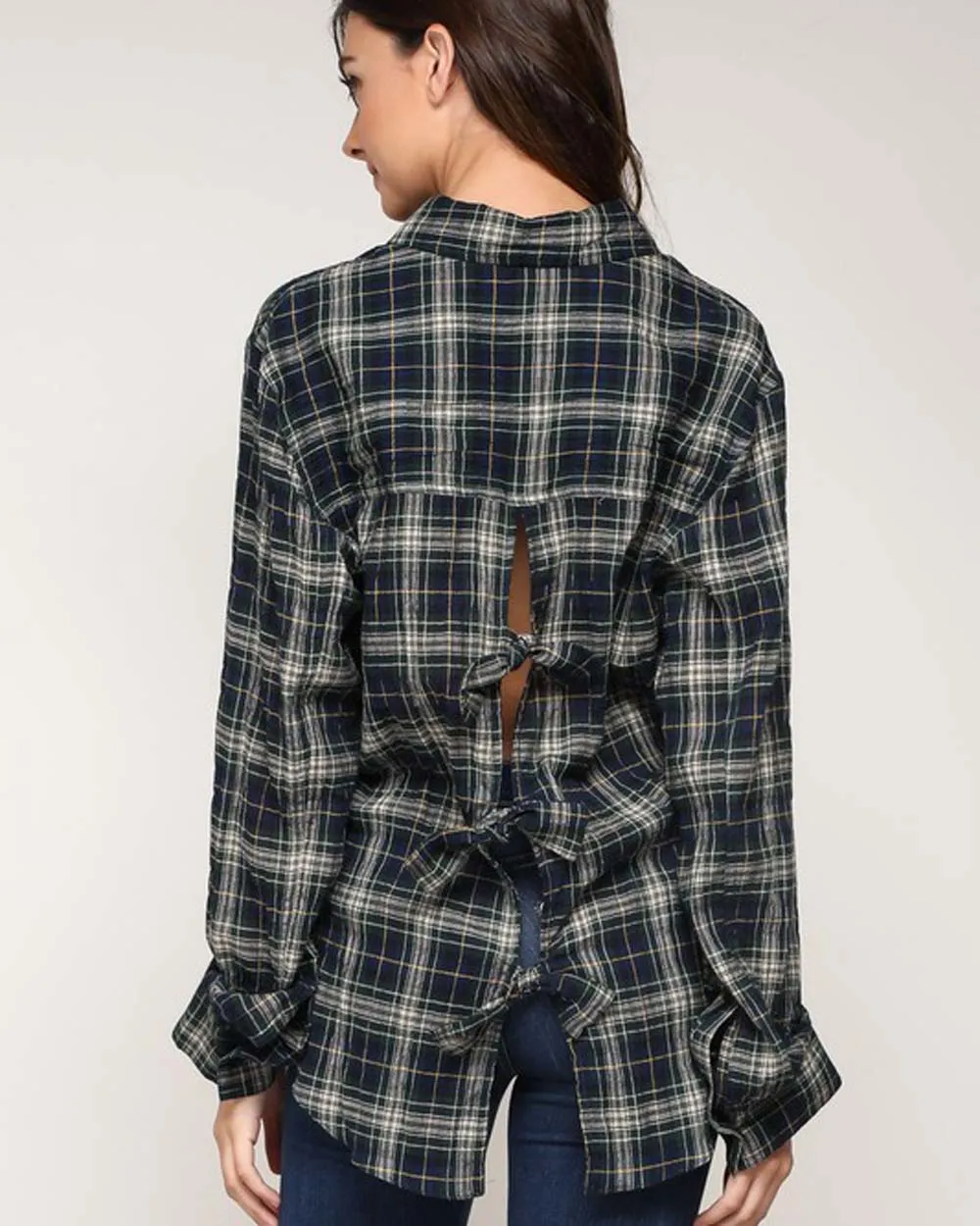 Tie Back Plaid Top in Navy