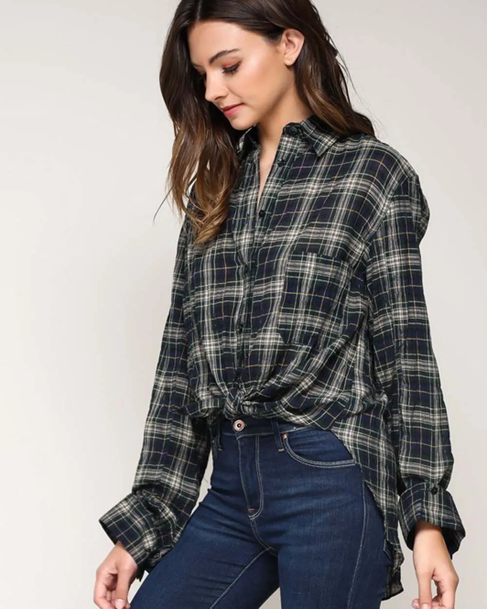 Tie Back Plaid Top in Navy