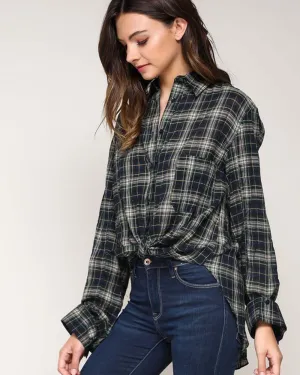 Tie Back Plaid Top in Navy